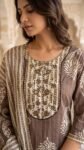 Taupe Brown Paisley Cotton 3-Pc Zari Embroidered Salwar Suit Set