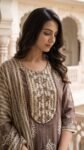 Taupe Brown Paisley Cotton 3-Pc Zari Embroidered Salwar Suit Set