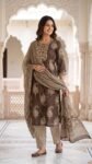 Taupe Brown Paisley Cotton 3-Pc Zari Embroidered Salwar Suit Set