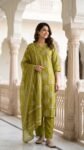 Vibrant Green Cotton Salwar Suit Dupatta with Embroidered V-Neck | VEDEERA Vibrant Green Cotton Salwar Suit Dupatta with Embroidered V-Neck