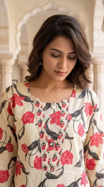 Women's Cream Floral Printed Cotton 3-Piece Kurta Set with Dupatta