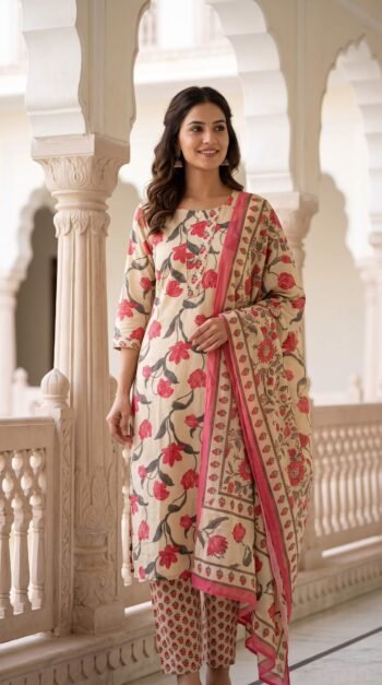 Women's Cream Floral Printed Cotton 3-Piece Kurta Set with Dupatta