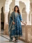 Women’s Blue Printed Cotton 3-Piece Ethnic Suit Set with Dupatta