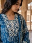 Women’s Blue Printed Cotton 3-Piece Ethnic Suit Set with Dupatta