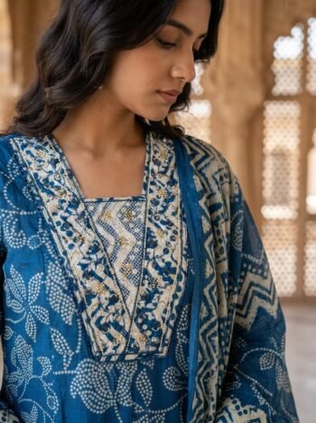 Women’s Blue Printed Cotton 3-Piece Ethnic Suit Set with Dupatta