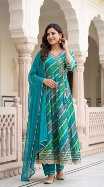 Alluring Womens Teal Green Bandhani Printed Cotton Anarkali Kurta Pant with Dupatta