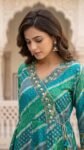 Alluring Womens Teal Green Bandhani Printed Cotton Anarkali Kurta Pant with Dupatta