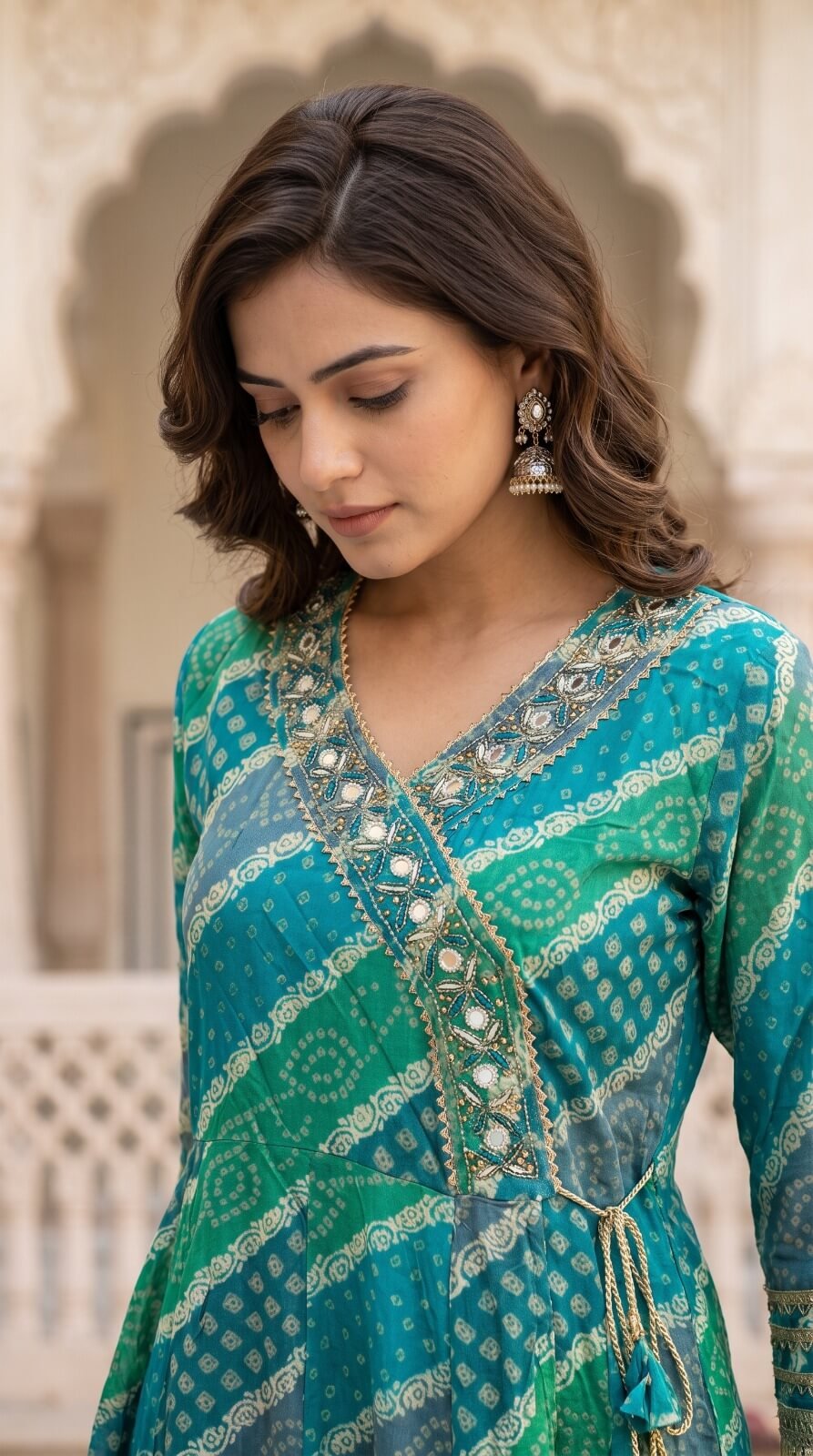 Womens Teal Green Bandhani Printed Cotton Anarkali Kurta Pant with Dupatta5