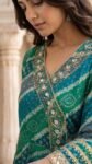 Alluring Womens Teal Green Bandhani Printed Cotton Anarkali Kurta Pant with Dupatta