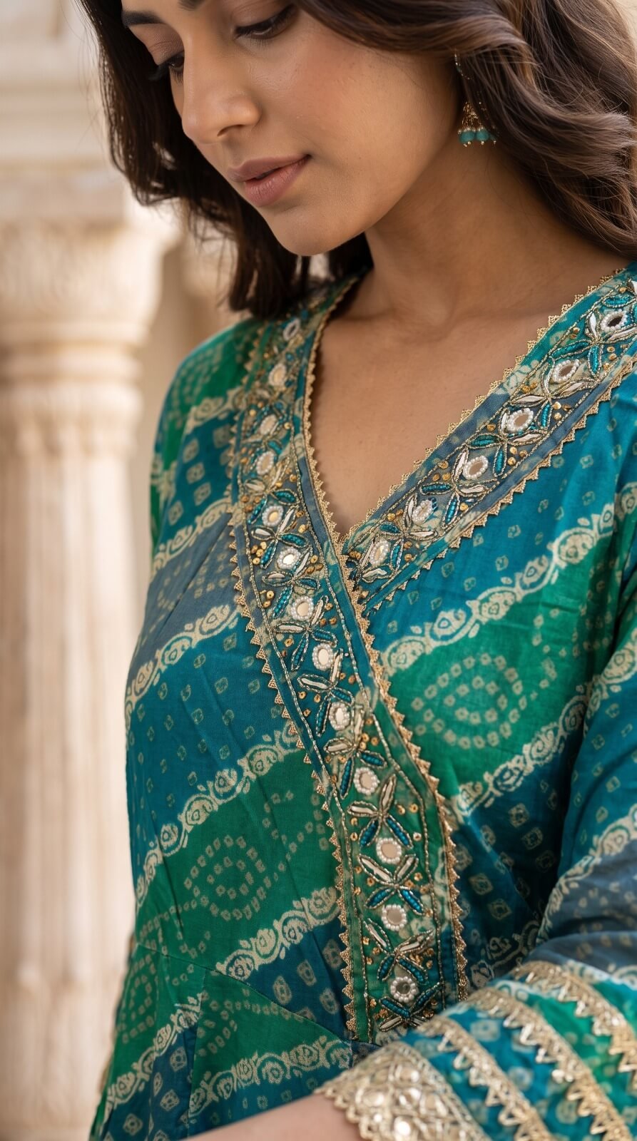 Womens Teal Green Bandhani Printed Cotton Anarkali Kurta Pant with Dupatta6