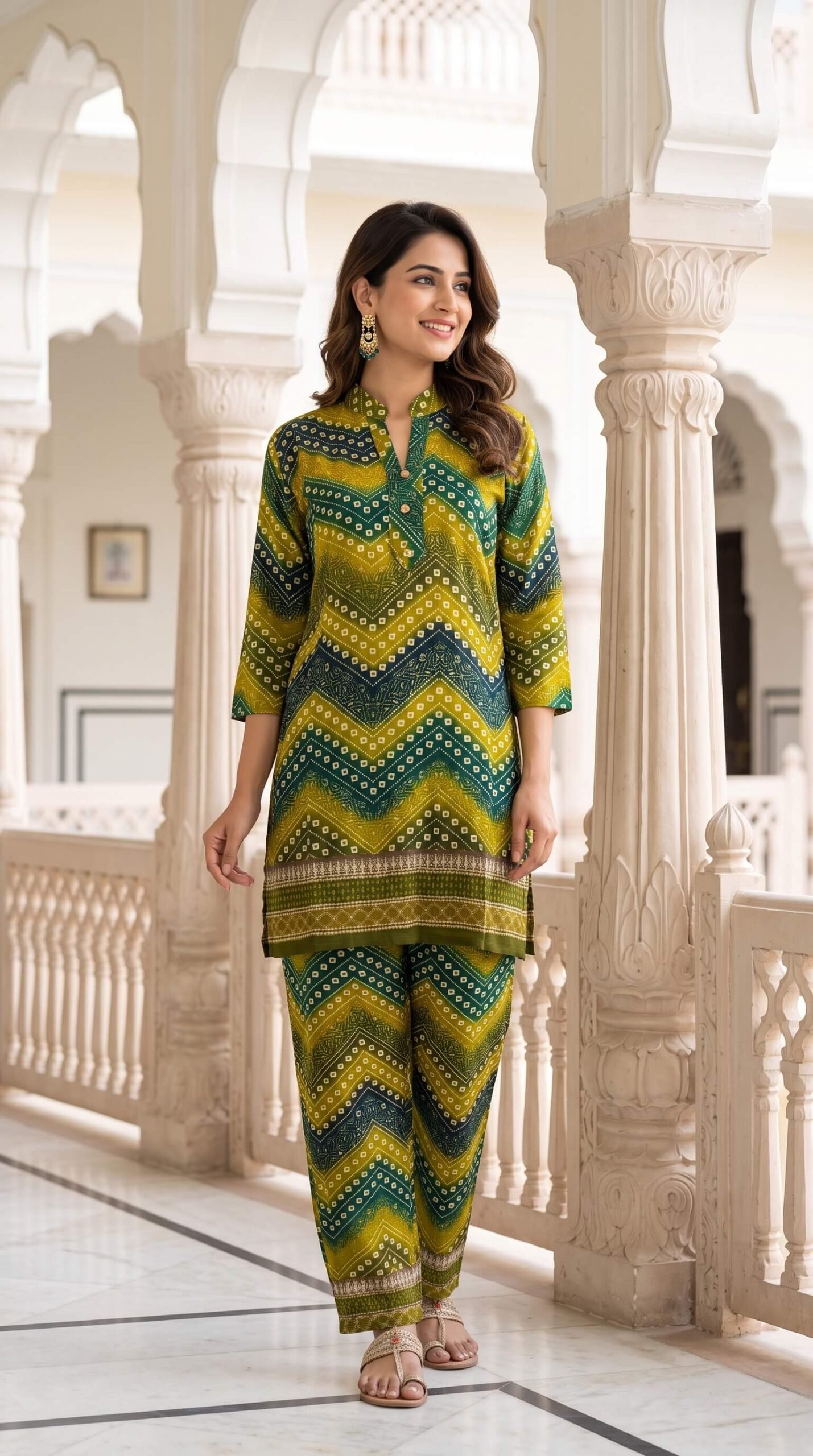 Yellow & Green Bandhani Print Rayon Co-Ord Set for Women Yellow & Green Bandhani Print Rayon Co-Ord Set for Women