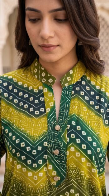 Yellow & Green Bandhani Print Rayon Co-Ord Set for Women