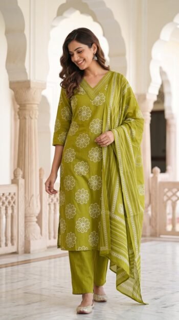 Woman in green embroidered salwar suit