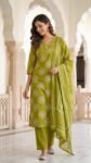 Vibrant Green Cotton Salwar Suit Dupatta with Embroidered V-Neck