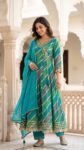 Alluring Womens Teal Green Bandhani Printed Cotton Anarkali Kurta Pant with Dupatta