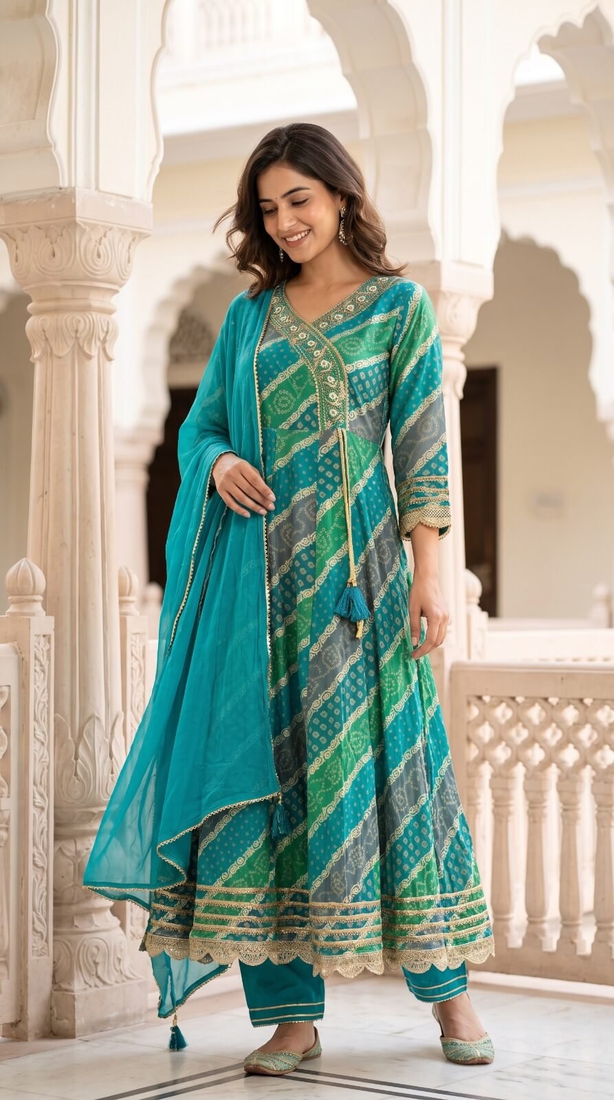 Womens Teal Green Bandhani Printed Cotton Anarkali Kurta Pant with Dupatta1