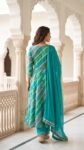 Alluring Womens Teal Green Bandhani Printed Cotton Anarkali Kurta Pant with Dupatta